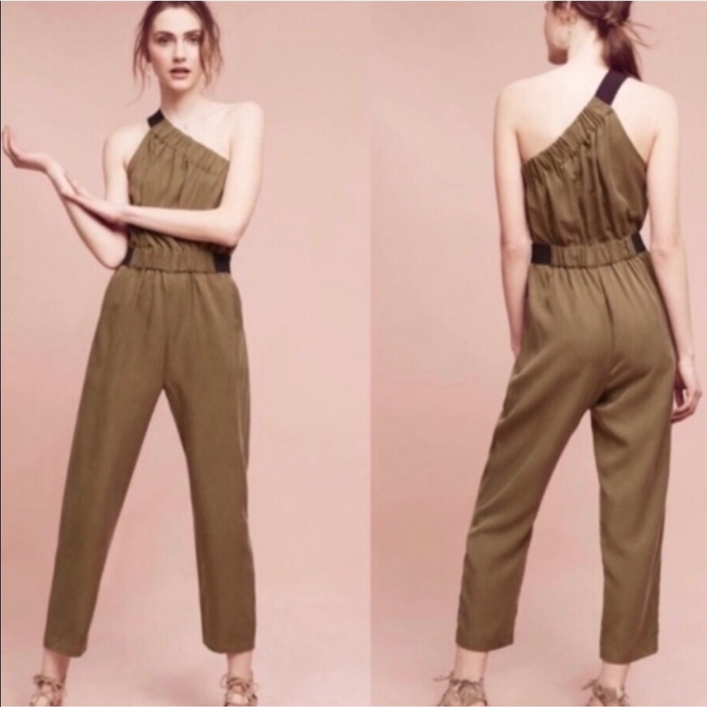 Anthropologie Maeve army green one shoulder jumpsuit
